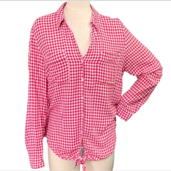 Jones New York Checked Button Up Tie Waist Top XL Red 127C - Picture 1 of 8